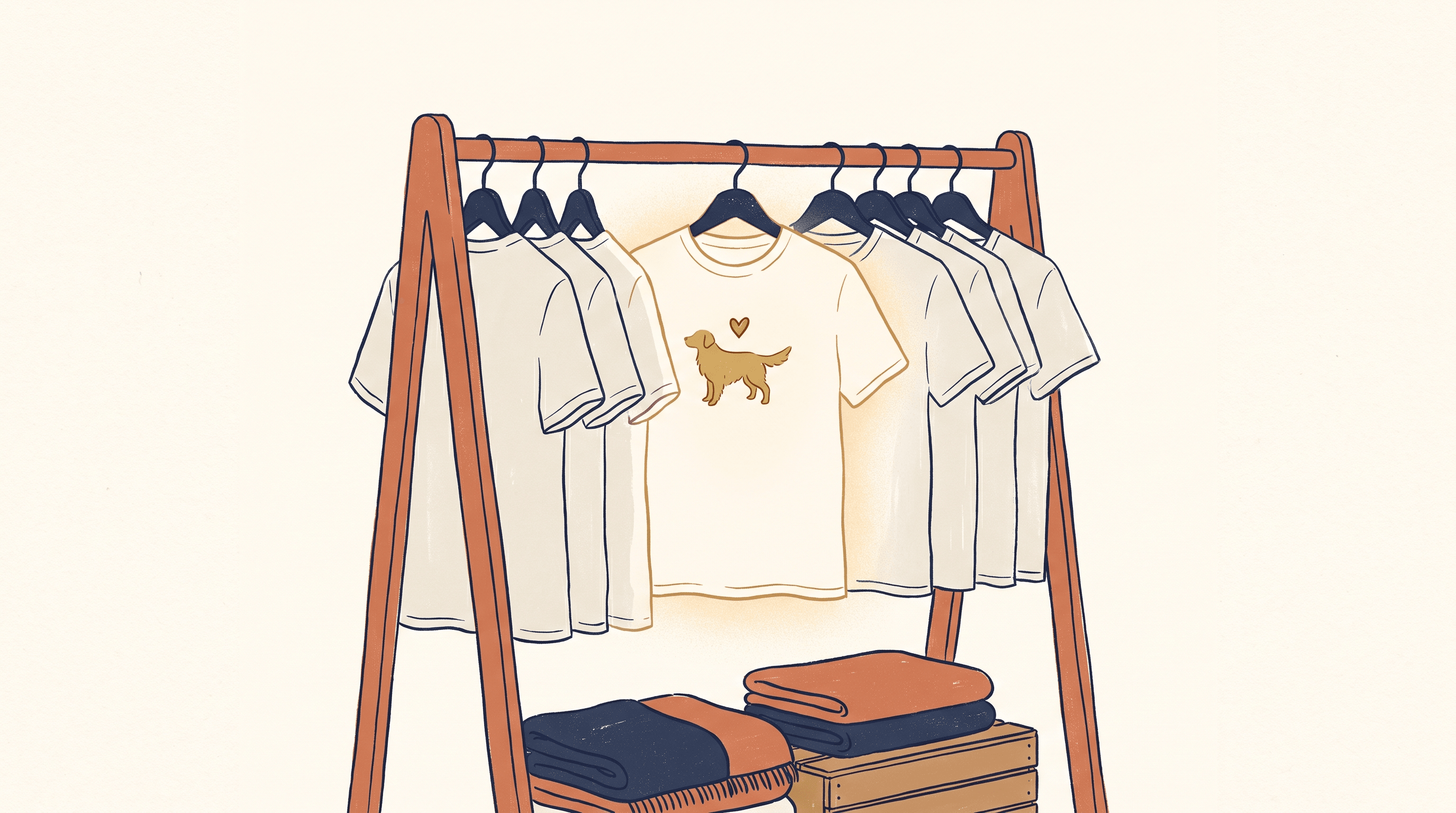 A clothing rack of plain blank t-shirts with one shirt in the middle standing out, printed with a small golden retriever silhouette and a heart