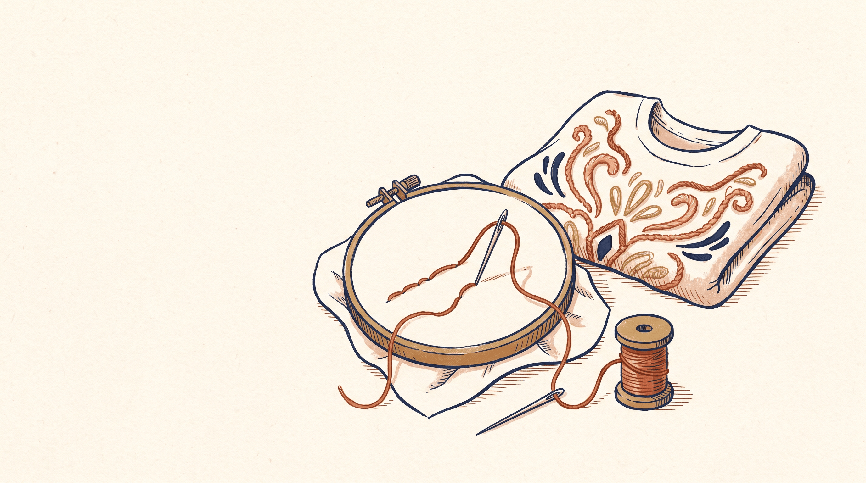 A close-up of an embroidery hoop with terracotta thread mid-stitch, a needle, and a folded t-shirt showing soft faux-embroidery texture