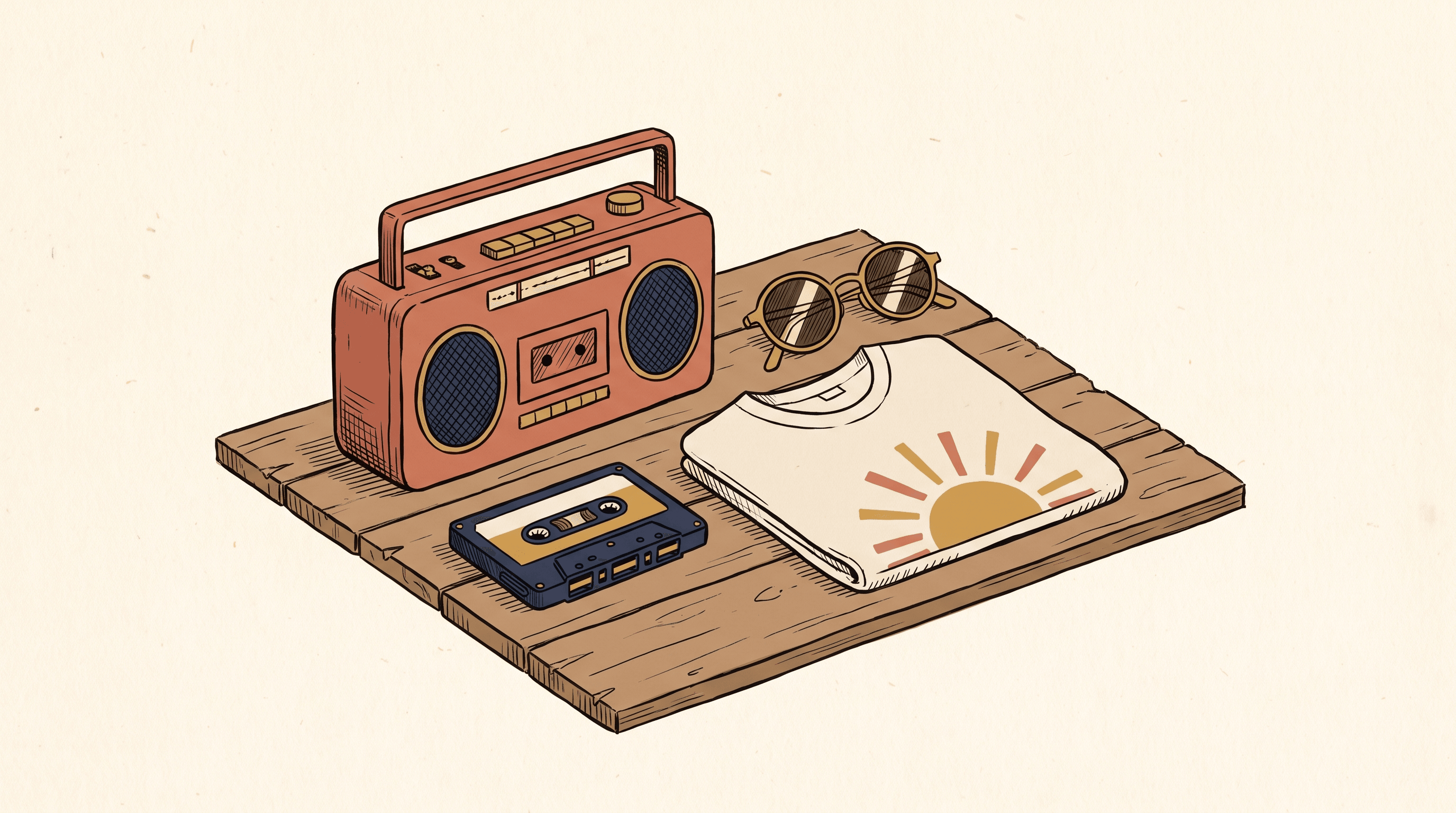 A nostalgic still life of a cassette tape, a small boombox, round retro sunglasses, and a folded t-shirt with a retro sunburst graphic